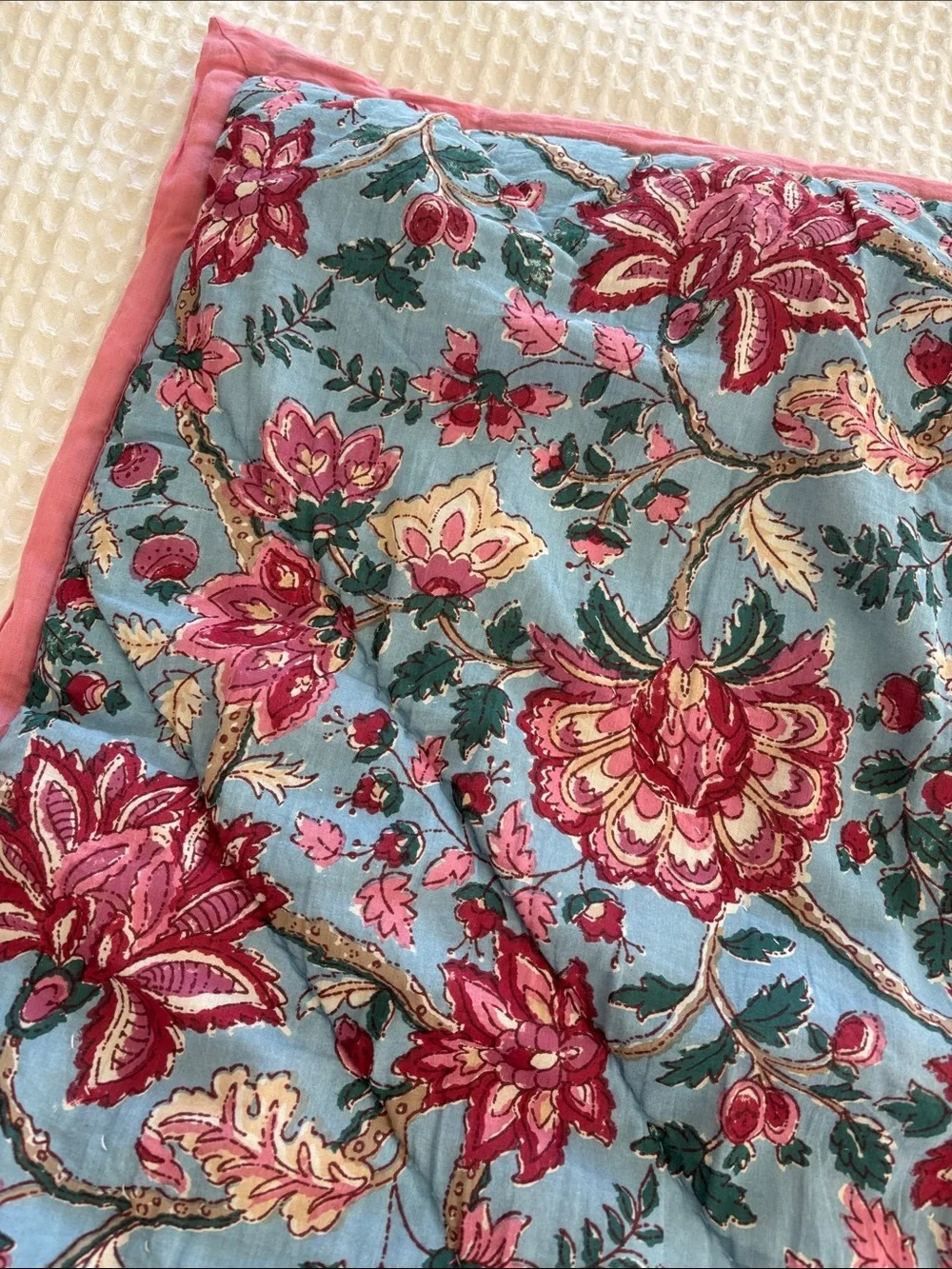 Pottery Barn Shannon Reversible Quilted Floral Pillow Shams Blue Pink Euro 26x26